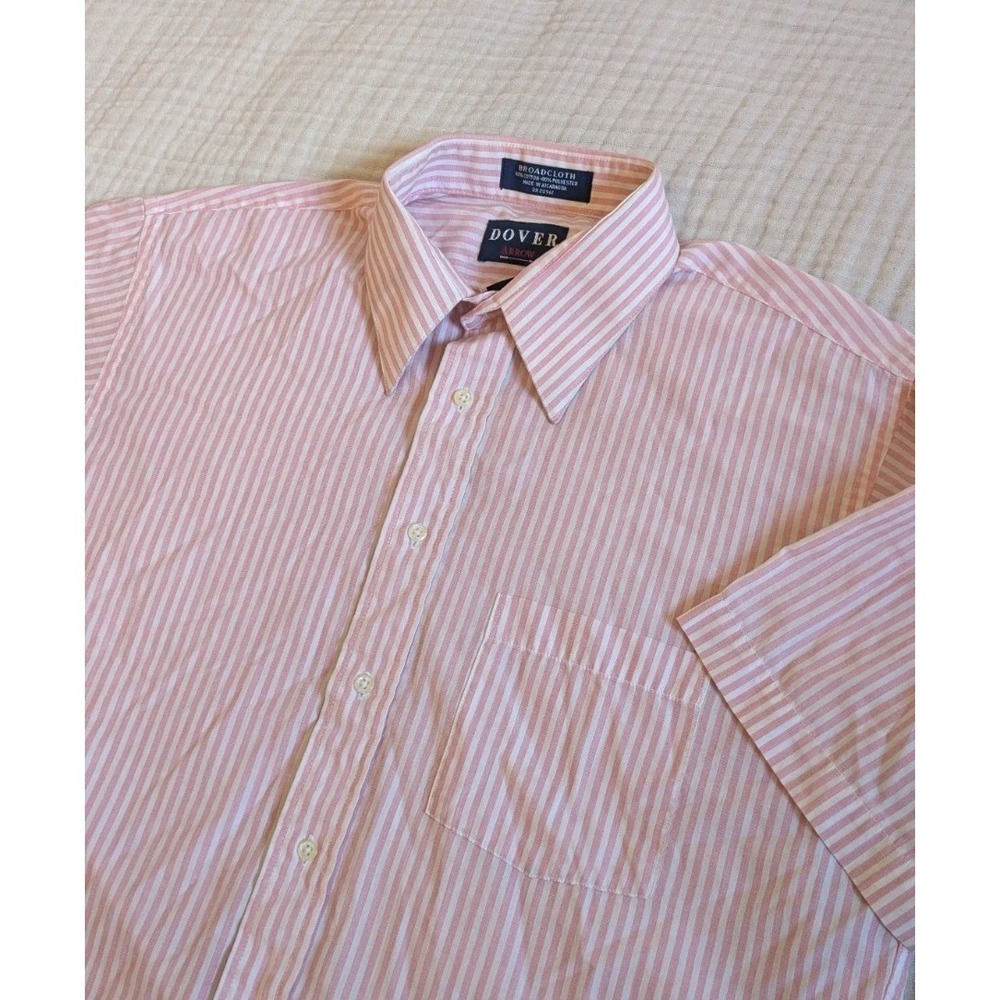 VTG Arrow Dover Shirt Mens 16 Pink White Striped Short Sleeve Button Up Large L